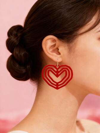 1 par de pendientes con corazón hueco de varios niveles en color rojo, un accesorio encantador para mujeres, adecuado para el Día de San Valentín, fiestas y reuniones