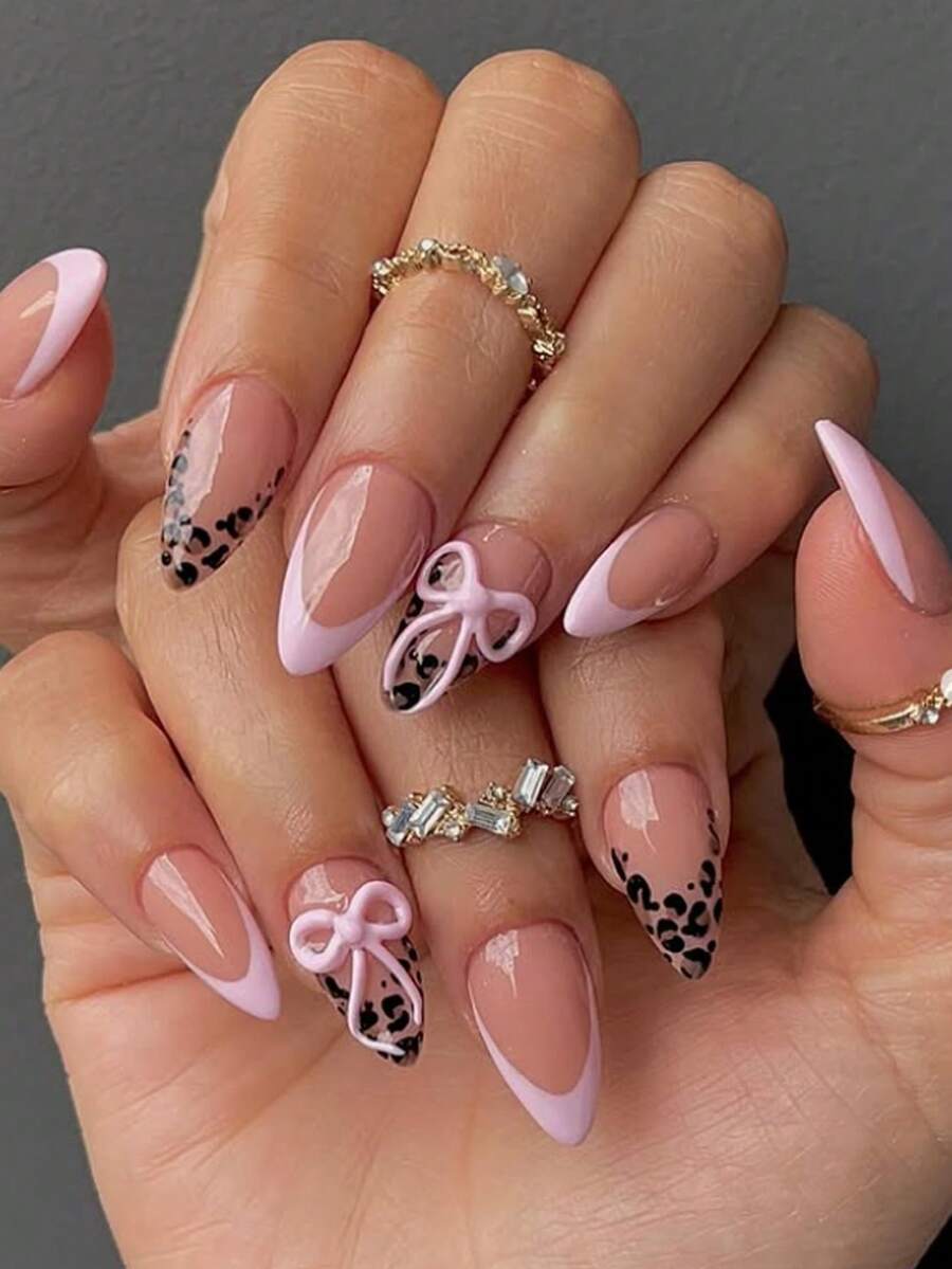 24片装中号杏仁形美甲贴纸，粉色豹纹法式美甲，3D粉色蝴蝶结甜美简约风格，亮泽全覆盖，适合女性和女孩日常、约会、派对美甲。 - 彩色 - 查看 1