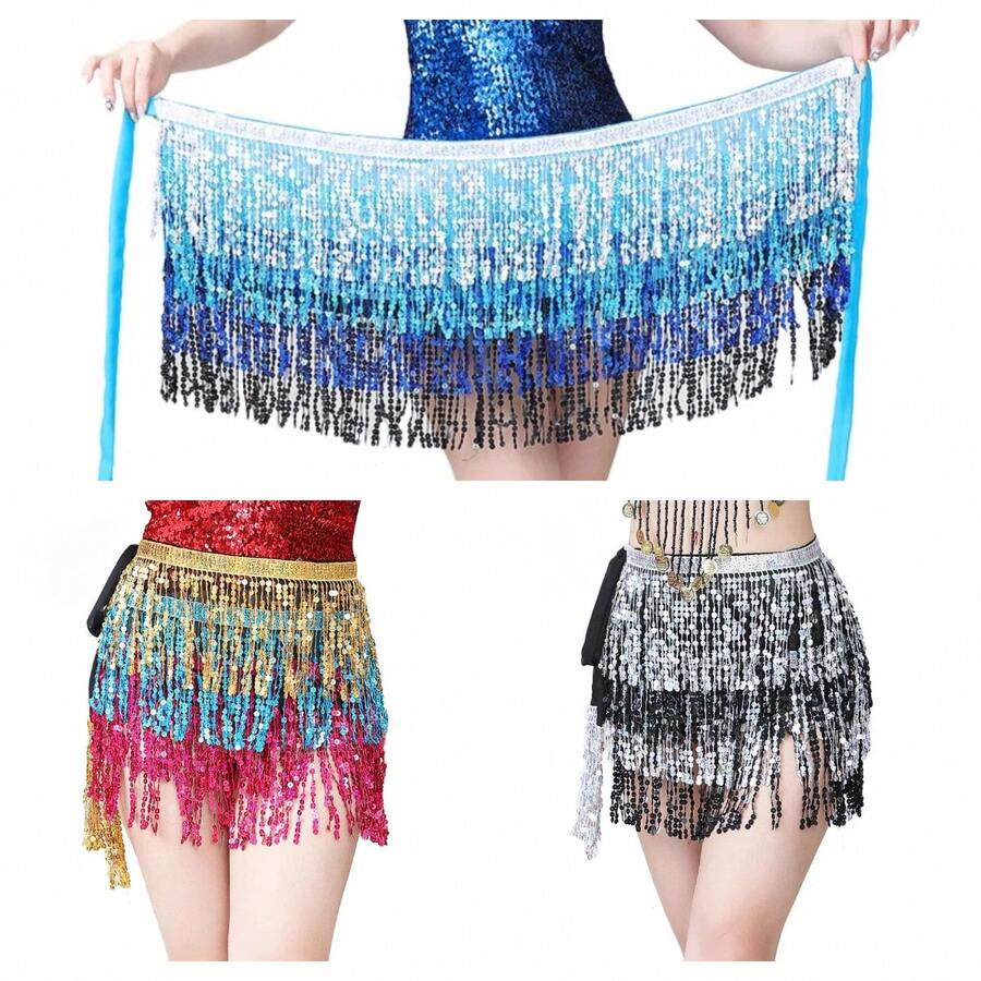 Halloween Outfits Belly Dance Glitter Sequins Tassel Skirts, Fashionable Dancing Waist Belt Skirts For Bellydance - Multicolor - View 1