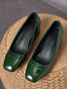 Dark Green Patent Two-Tone Stone-Texture Square Toe Block Heel Pumps – 5cm - Dark Green - View 4