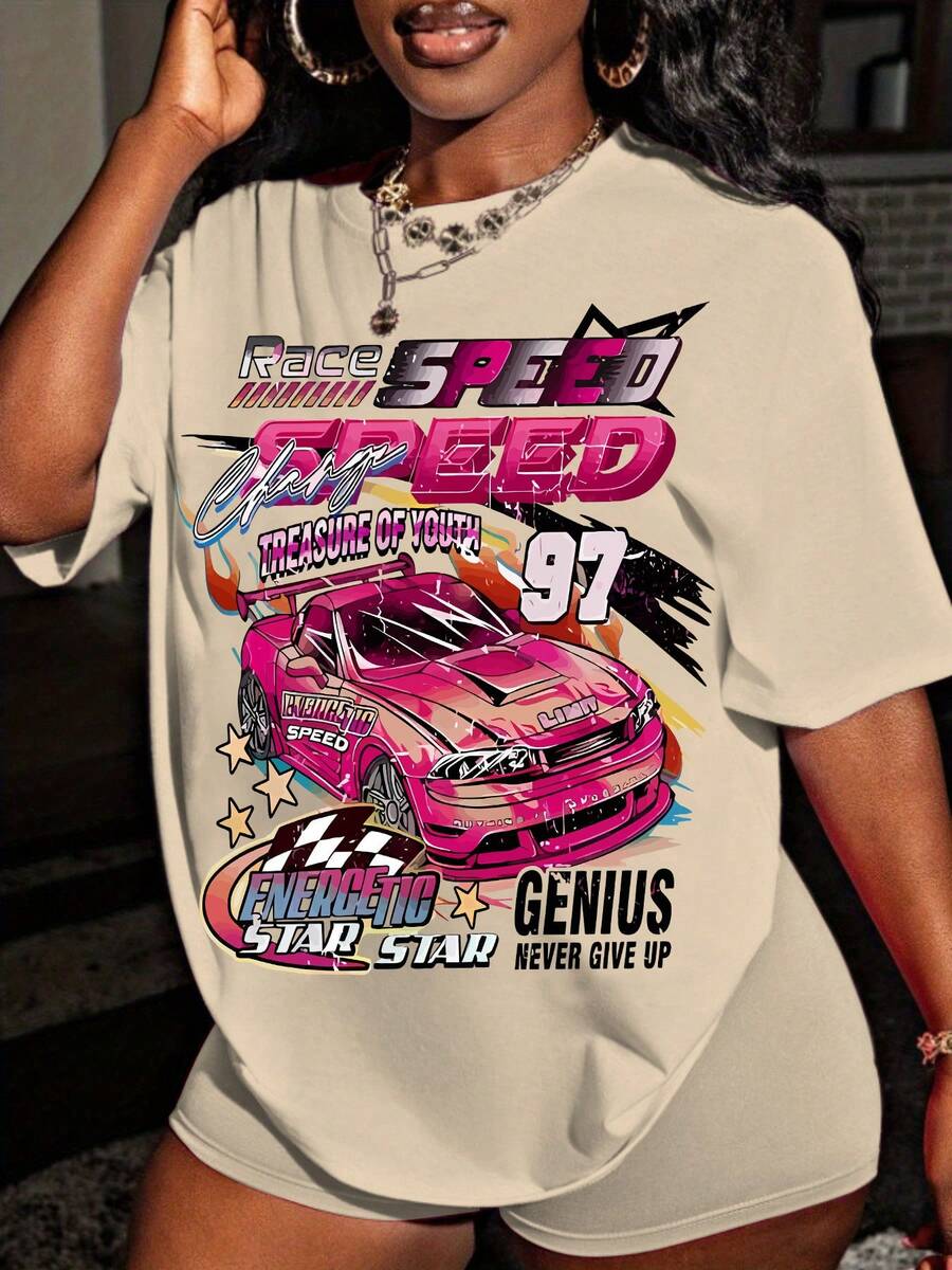 Women's Y2K Racing Graphic T-Shirt, Retro Speed Text Print, Loose Fit Streetwear Top, Short Sleeve Summer Casual Tee, Motorcycle Inspired Fashion - 杏色 - 查看 1