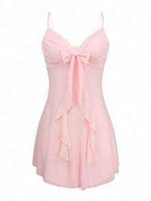 New European & American Deep V-Neck Backless Tie Strap Dress, Sexy Party Mini Dress, Elegant Pink Cocktail Dress For Wedding & Gathering - Light Pink - View 2