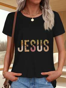 Camiseta de  con Estampado de Leopardo y Letras Jesus para Uso Diario y Ocasiones Casuales - Azul Marino - Ver 6