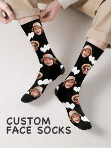 1 Pair Personalized Face & Text Mid-Calf Socks, Custom Photo & Name Gift, Fun Socks For Valentine's Day, Birthday, Christmas, Couples & Anniversary - Black - View 6