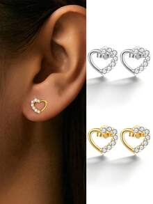 1 Pair Of Diamond Heart-Shaped Earrings, S925 Sterling Silver, Cute, Elegant And Casual Women's Earrings, High-End Jewelry Gifts, Holiday Gifts, Birthday Gifts, Suitable For Women's Daily Wear, Dating Essentials - Threaded Needle Heart-shaped  Earrings - View 4