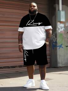 Men's Street Casual Sports Set With "Contrast Color KING" Graphic Design - Made Of Polyester Knit Fabric, Round Neck, Drawstring Shorts, Pockets, Regular Fit, Suitable For Plus Size - Multicolor - View 1