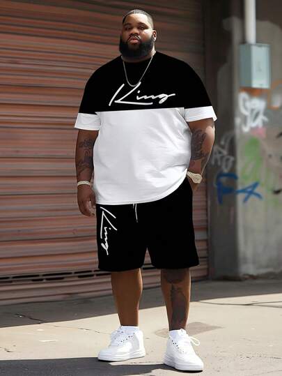 Men's Street Casual Sports Set With "Contrast Color KING" Graphic Design - Made Of Polyester Knit Fabric, Round Neck, Drawstring Shorts, Pockets, Regular Fit, Suitable For Plus Size
