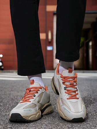 Plus Size Men's Casual Sneakers, Low-Top Rubber Sole Mesh Shoes, Retro Chunky Sneakers, Breathable Street Style Fashion Trainers