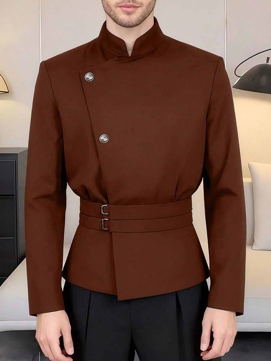 INCERUN Fashion Mens Stand Collar Button Front Long Sleeve Casual Blouse Shirt Tops - 棕色 - 查看 1