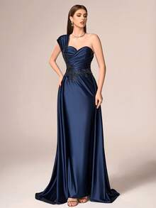 VIPGIRL Elegant Luxury Women's Long Formal Evening Dress, Featuring Pleated Bust Detail, Knit Fabric Accented With Contrasting Sequins. - Blue - View 6