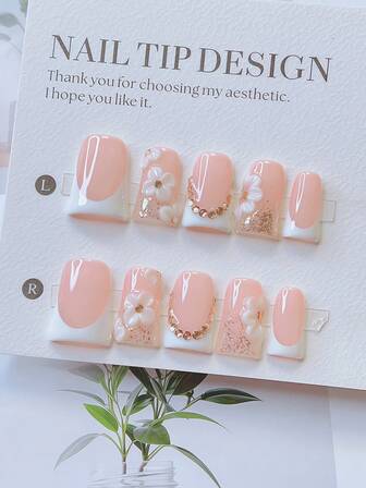 Juego de 10 uñas postizas con diseño de pico de pato estilo Y2K - Hechas a mano, uñas blancas, uñas rosas, uñas con puntas francesas blancas, diseño de flores 3D hechas a mano, uñas con brillos y piedras de bling 3D, uñas con cristales dorados brillantes - Adecuado para mujeres y niñas, fiestas, bodas, uso diario, arte de uñas DIY, juego de uñas, incluye kit de herramientas. Uñas de pato. Uñas postizas acrílicas hechas a mano. Uñas góticas. Uñas postizas cortas. Uñas postizas. Suministros para uñas