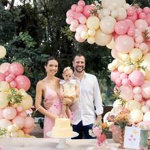 124件套粉色和黄色气球拱门套装，包含粉色、浅粉色、黄色、沙色和白色气球，适用于生日、新娘送礼会、婚礼、蜜蜂熊主题派对装饰 - 彩色 - 查看 4