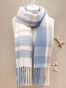 1PC Women's Autumn And Winter New Collection: Fresh And Elegant Imitation Checkered Tassel National Scarf, Fashionable And Versatile Warm Scarf, Suitable For Keeping Warm In Autumn And Winter. This Elegant, Beautiful And Romantic Scarf Can Be Used As A Christmas, New Year And Spring Festival Gift For Family, Loved Ones And Friends. - 藍白 - 查看 8