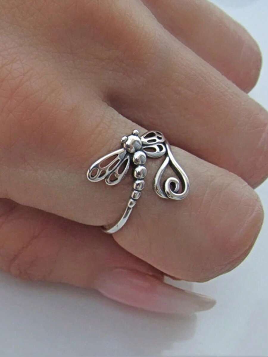 1 chiếc nhẫn đơn nữ thời trang thanh lịch hình chuồn chuồn chất liệu đồng màu bạc, thích hợp làm phụ kiện hàng ngày, tiệc tùng và trang phục, cỡ 6-10 - Màu Bạc Cổ - Xem 1