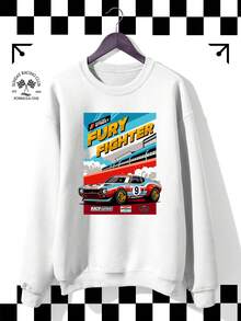 Men's Loose-Fit Sweatshirt With 'Fury Fighter 9' Street Racing Print, Crew Neck Pullover – Made From Stretchy Cotton-Blend Fabric, Casual Relaxed Fit, Perfect For Racing Enthusiasts, Showcasing A Vibrant And Fashionable Style - 白色 - 查看 1