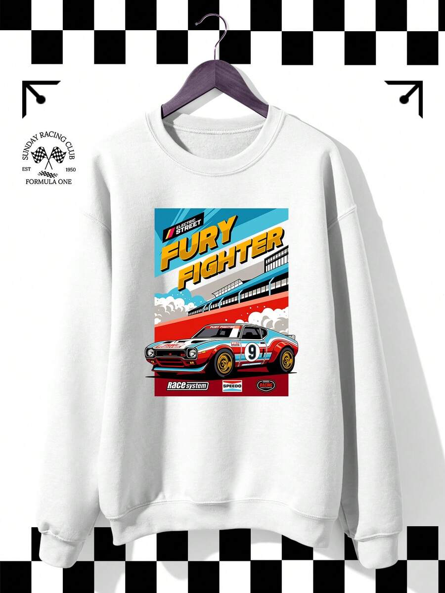 Men's Loose-Fit Sweatshirt With 'Fury Fighter 9' Street Racing Print, Crew Neck Pullover – Made From Stretchy Cotton-Blend Fabric, Casual Relaxed Fit, Perfect For Racing Enthusiasts, Showcasing A Vibrant And Fashionable Style - 白色 - 查看 1