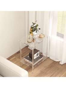 Mesa lateral pequena em acrílico transparente, com suporte para revistas/mesa de cabeceira/mesa de chá, ideal para sala de estar, quarto e decoração de espaço ao lado do sofá. Design moderno e minimalista com prateleira transparente para armazenamento, otimizando espaço. Leve e fácil de montar, com estrutura resistente. Perfeita para ambientes pequenos. - Transparente - Ver 4