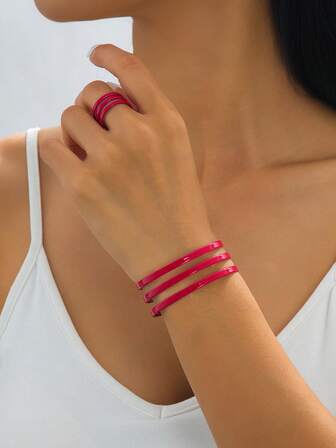 1 套时尚个性化镂空金属线条图案手链和戒指首饰套装，送给她的礼物