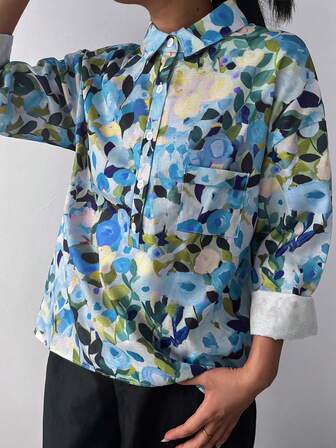 女装春夏时尚亚麻仿大码时尚休闲春假女装乡村透气花卉印花图案口袋纽扣设计数百种组合适合日常使用方便、轻盈、快捷通勤休闲居家衬衫