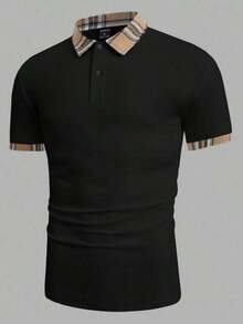 Manfinity BRENVOR Men Contrast Plaid Collar Polo Shirt - Negro - Ver 6