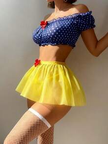 Women Lingerie Set, Dots Print Off-Shoulder Top With Mini Skirt Briefs Mesh Stockings Princess Costume - 明黃色 - 查看 5
