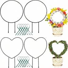 - Paquete de 4 enrejados de metal negro de 13 pulgadas para plantas trepadoras, estructura de soporte de tallo de vid de hierro con 10 lazos para plantas en maceta y flores de interior - 4 + Corazón+Redondo - Ver 2