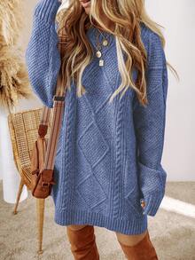 Acelitt Autumn/Winter Women's Solid Color Knitted Textured Pattern Dropped Shoulder Oversized Sweater Dress, Order One Size Down - Navy Blue - View 4
