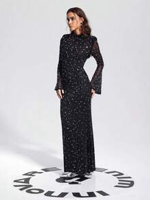 Long Sleeves High Neck Diamond Maxi Dress - 黑色 - 查看 5