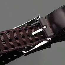 Wide Braided Belt, Genuine Leather, Unisex, With Iron Alloy Buckle - 咖啡棕 - 查看 3