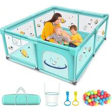 Corralito para Bebé, Juego de Parque Infantil, con 50 Bolas Oceánicas, Aro de Baloncesto, Anillos de Tracción, Bolsa de Almacenamiento, , Suave y Transpirable Parque de Juegos - Manzana azul, 180 * 150 - Ver 2