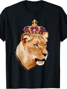 Lion Queen Big Cat Crowned Lioness Family T-Shirt For Men WomenAll Season 220g Cotton Single Sided Printed Crew Neck Short Sleeve T Shirt _1 - 顏色4 - 查看 1