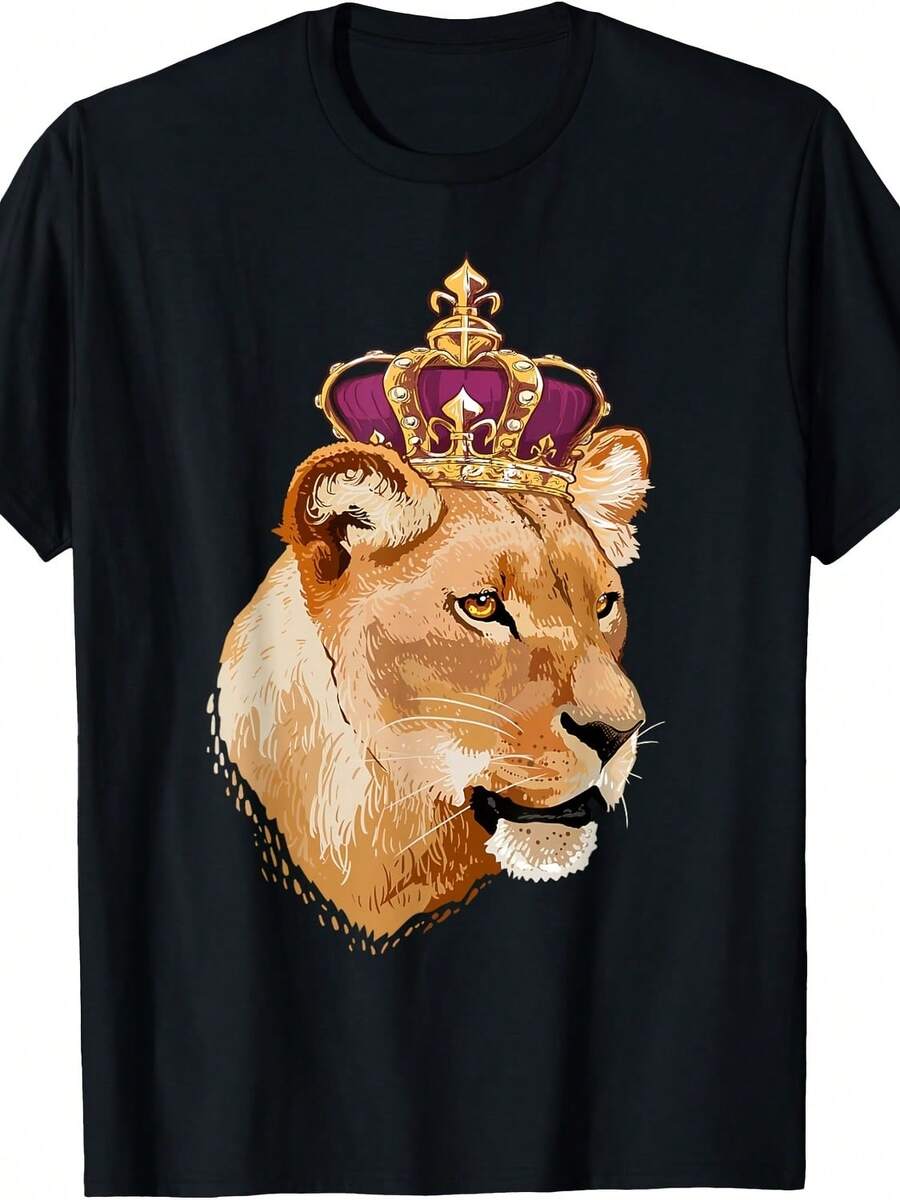 Lion Queen Big Cat Crowned Lioness Family T-Shirt For Men WomenAll Season 220g Cotton Single Sided Printed Crew Neck Short Sleeve T Shirt _1 - 顏色4 - 查看 1