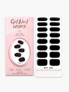 16片黑色半固化凝胶美甲贴，冬季纯色凝胶全甲贴，易于美甲，需配合UV灯使用，适合女性职场、日常居家DIY美甲贴纸及美甲用品 - 黑色 - 查看 2