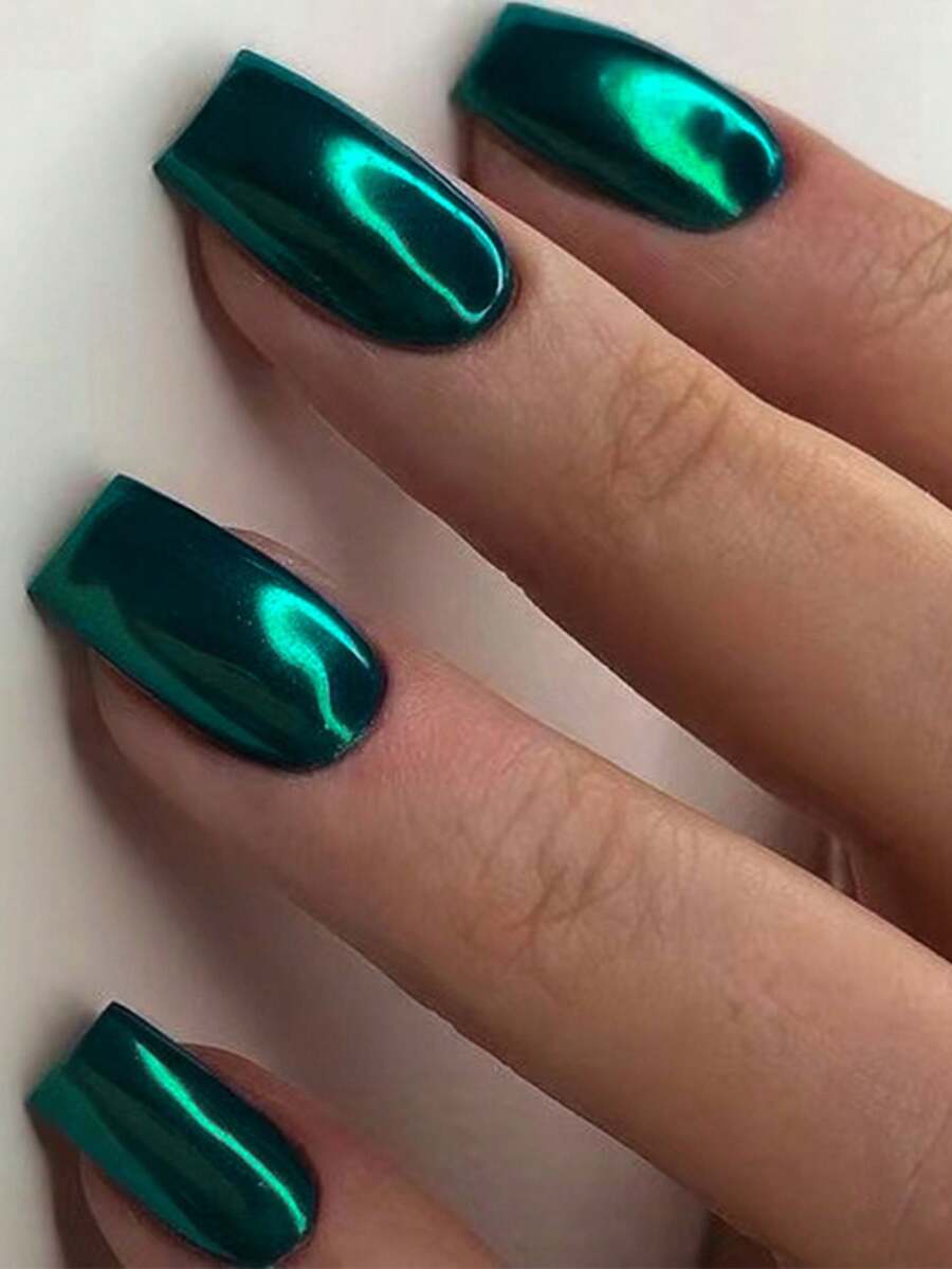 24片/套 Y2K风格魔幻绿金金属铬闪亮按压式美甲贴片，长方形全息美甲箔片美人鱼镜面闪粉珍珠极光假指甲，包含1片果冻胶和1个指甲锉，适合锐舞派对 - 水鴨藍 - 查看 1