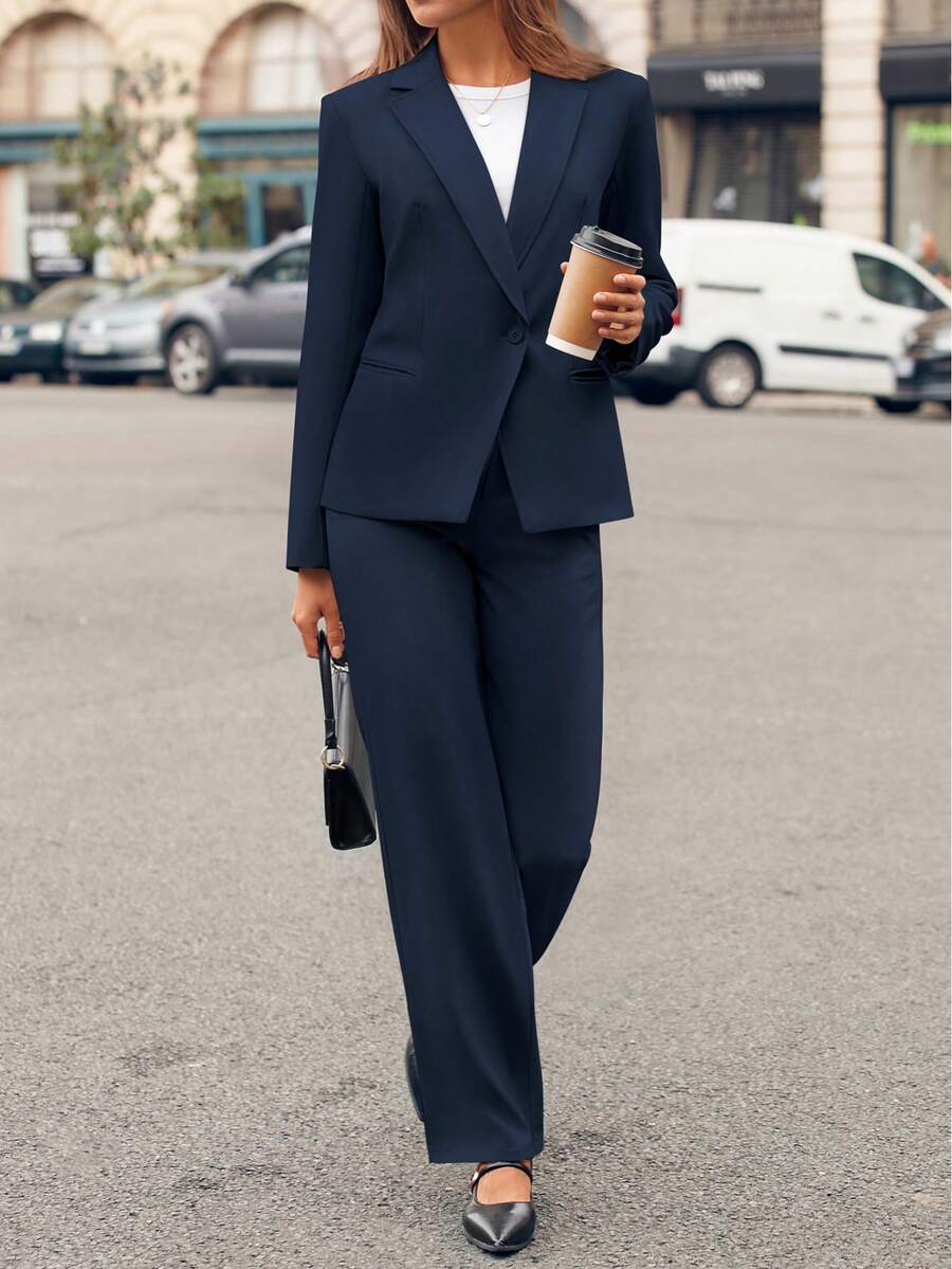 Casly Lamiit Women Plain Long Sleeve Suit Collar Regular Top And Pants Set Elegant Composite Fabric Suit With Pockets - Màu xanh hải quân - Xem 1