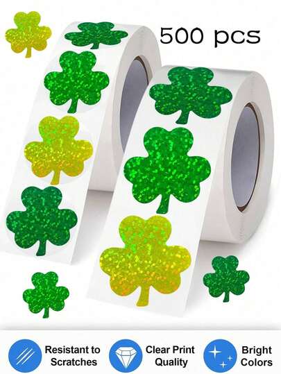 1 Roll Laser Decorative Clover Self-Adhesive Stickers, 3.8cm/2.5cm, Multi-Color, Fresh & Fashionable, Suitable For DIY Phone Case Decoration, Cup Decoration, Scrapbooking, Teacher Rewards, Office Supplies, Etc.