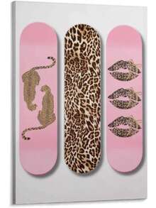 1 Piece Of Pink Leopard Print Skateboard Canvas Poster Art Print, Retro-Chic Print, Pink Cheetah And Leopard Kissing Skateboard, Girly Stockholm Style Aesthetic Wall Art Painting With Frame, Suitable For Contemporary Bedrooms, Bar Carts, Bathrooms, Living Rooms, Hotels, Apartments, Hallways, Studios, Studies, Home Office Decorations Can Be Hung Directly. - Nhiều màu - Xem 1