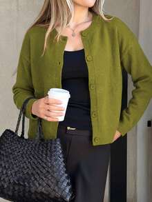 Knit Mix Elegant Women's French Loose Knit Cardigan, Christmas, Thanksgiving, New Year , Fashionable Long Sleeve Crew Neck Sweater, Casual Solid Color Cardigan For Autumn/Winter - Dark Green - View 4