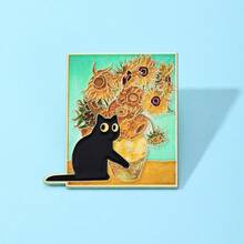 Broșă emailată cu pisică neagră cu floarea-soarelui Van Gogh, broșe decorative de modă, ornamente, rever, geantă, insigne, bijuterii, cadouri