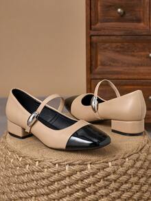 Tacones de plataforma de estilo Mary Jane de dos tonos de piel sintética color caqui - Caqui - Ver 1