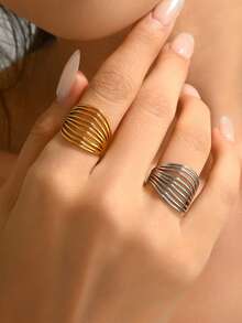 1 Stück vintage eleganter Perlen-Kettenring, personalisierter mehrschichtiger geometrischer Edelstahlring mit 18 Karat Goldauflage, wasserfester Schmuck für Frauen, geeignet für Festivals - Geometrie - Übersicht 3