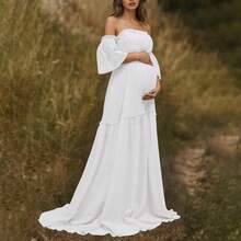 白色孕妇露肩层叠短袖梭织面料微弹力长款礼服，荷叶边裙摆拖尾，适合草坪、海滩、花园等特殊场合春季拍摄 - 白色 - 查看 10