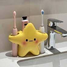 1pc Cute Star-Shaped Plastic Toothbrush Holder - Freestanding Bathroom Organizer With Cute Face Design, Space-Saving Toothbrush & Toothpaste - Multicolor - View 2