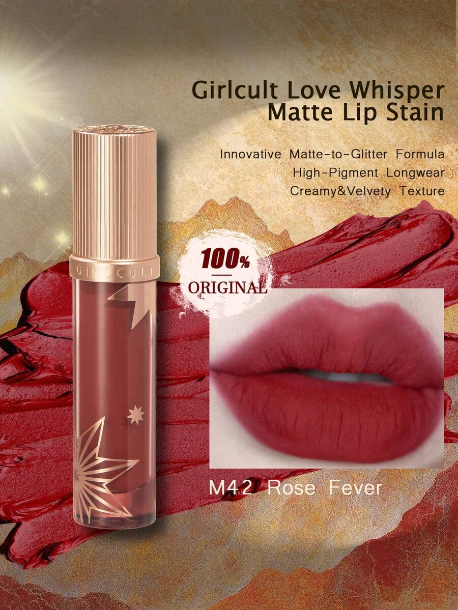 GIRLCULT Love Whisper 哑光唇釉 #M42 玫瑰激情 | 哑光底色,带微闪 | 高显色度,即刻闪耀,轻盈液体唇膏 | 持久显色,礼盒装,3.8克/0.13盎司 - M42 Rose Fever - 查看 1