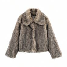 女士冬季街头时尚翻领人造毛皮夹克休闲宽松保暖长袖外套 - 彩色 - 查看 1