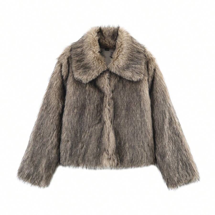 女士冬季街头时尚翻领人造毛皮夹克休闲宽松保暖长袖外套 - 彩色 - 查看 1