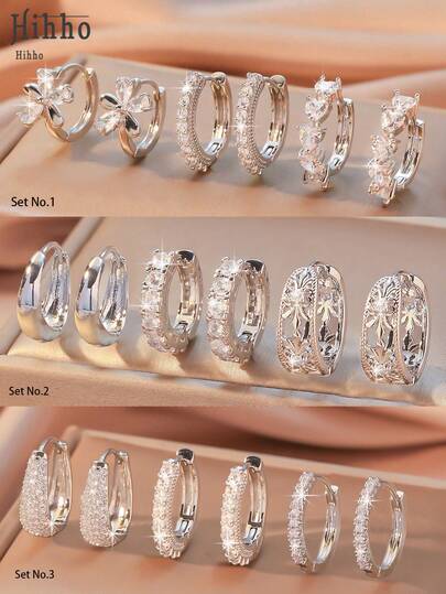 Hihho 6pcs/Set Elegant Zirconia Stud Earrings, Classic Retro Design Luxury Minimalist Earring Set, Suitable For Daily Stacking Or Single Wear, Best Gift For Friends