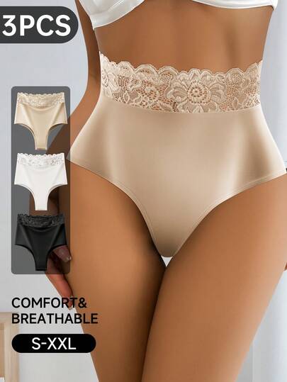 3条装女士高腰蕾丝拼接三角裤，舒适亲肤，尺码S-XXL可选