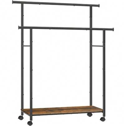 Clothes Rack With Wheels, Clothing Rack For Hanging Clothes, 38.8 Inches Metal Garment Rack With Shelf, Loads Up To 110 Lb, For Bedroom, Closet, Rustic Brown And Ink Black UHSR151B01