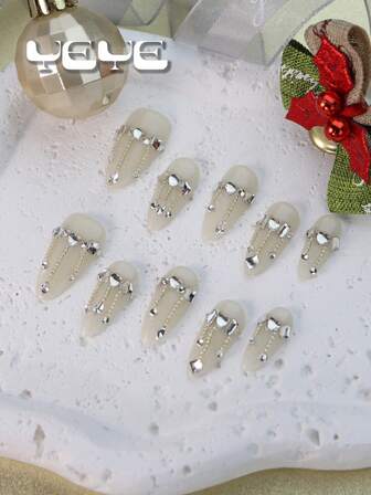 10pcs Press On Nails Medium Almond Fake Nails,Beige Color,Natural Looking ,Nude,Charming 3d Three-Dimensional Decoration Heart Rhinestone Decor, Exotic Charm,Solid Color,Silver Bean,Elegant Full Coverage Fake Nails Handmade Cheap,Winter Fall Nails,Elegant Design Artificial Nails Suitable For Women & Girls. Includes 1Pc Gel Polish & 1Pc Nail File.Daily,Party, Valentine'S Day Press On Nails Nail Supplies Nails